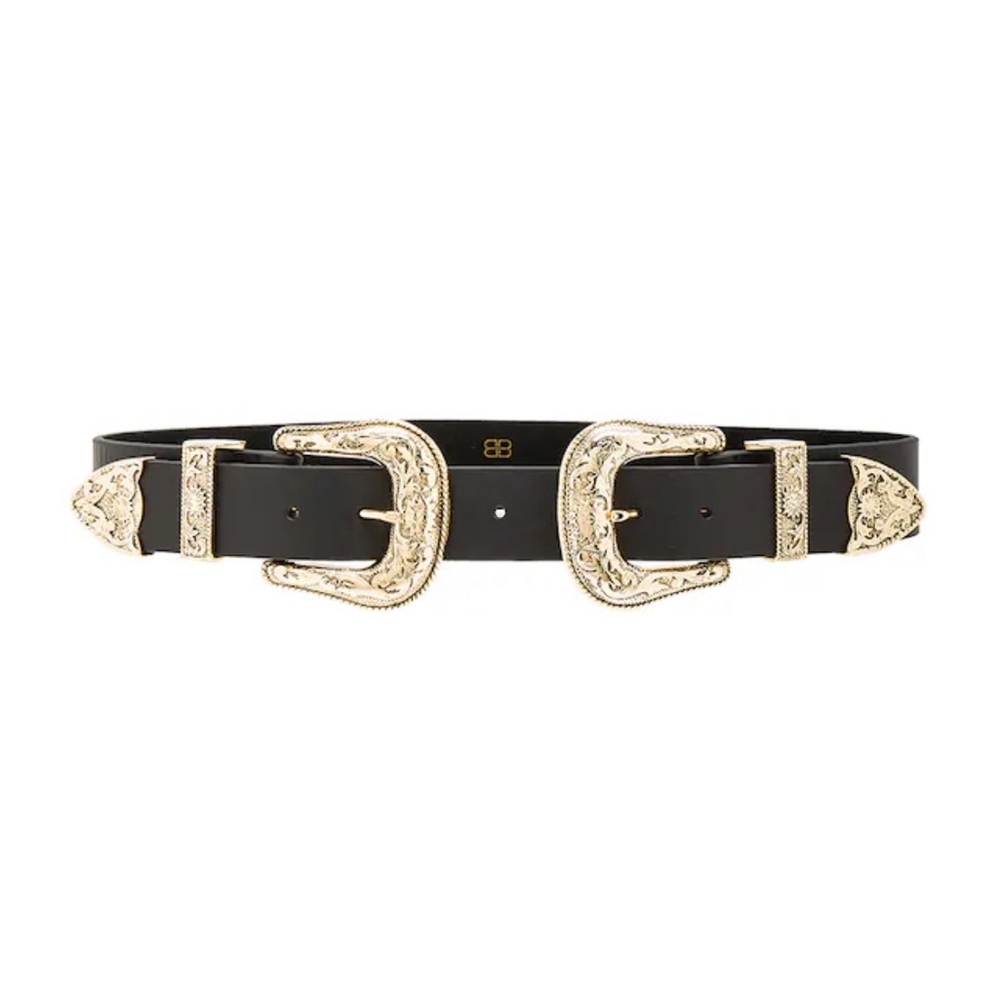 REVOLVE Black Double-Buckle Western Belt with Gold Hardware